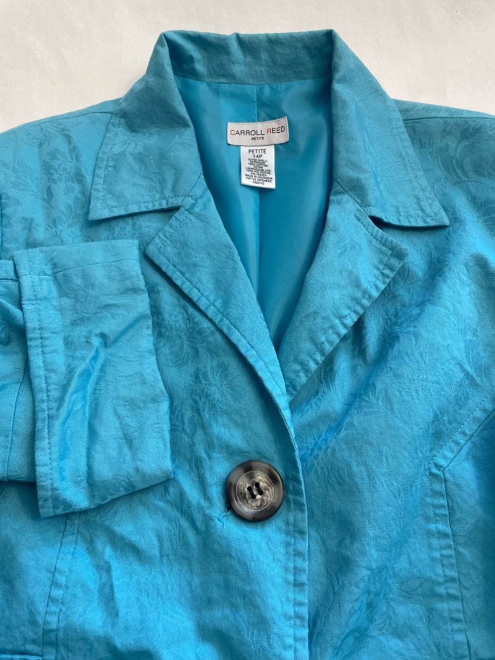 Vintage Carroll Reed Petite Turquoise Floral Damask Cotton Blazer Women’s 14P